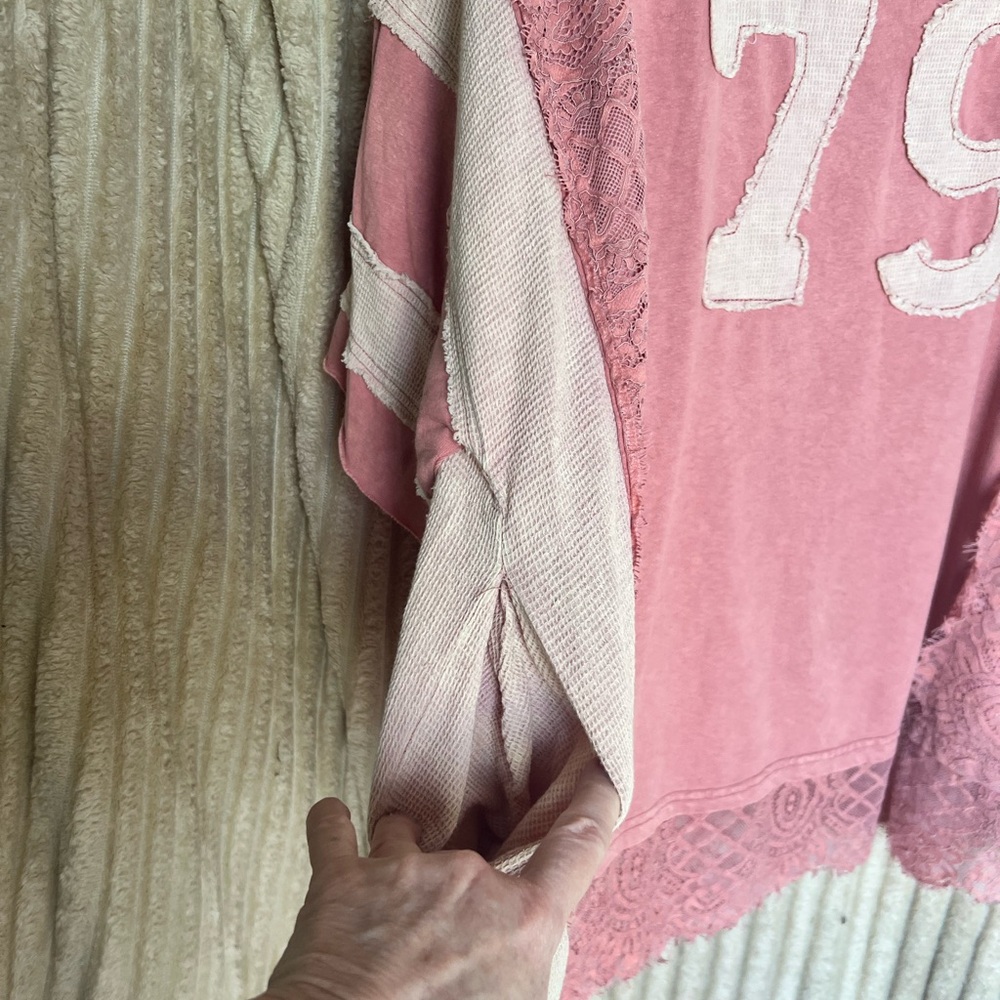Women's Pink Lace Accent '79' Short Sleeve Tee - Picture 4 of 6